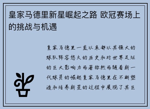 皇家马德里新星崛起之路 欧冠赛场上的挑战与机遇