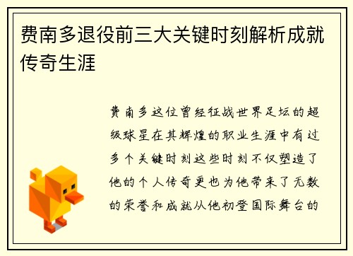 费南多退役前三大关键时刻解析成就传奇生涯